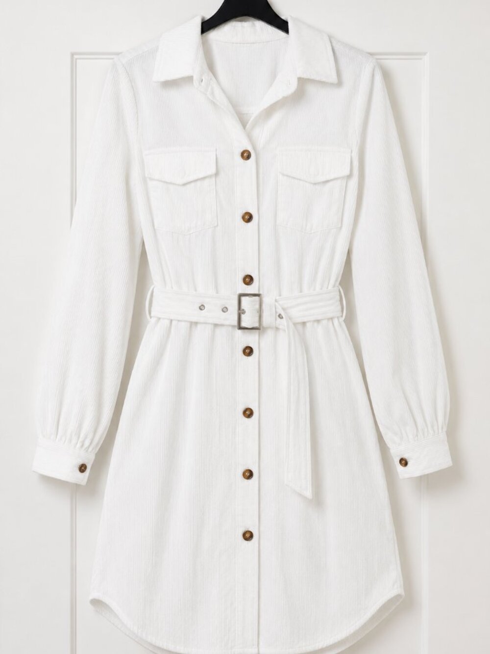 White Corduroy Shirt Dress Belted Button Front Long Sleeve Collared XL NWT